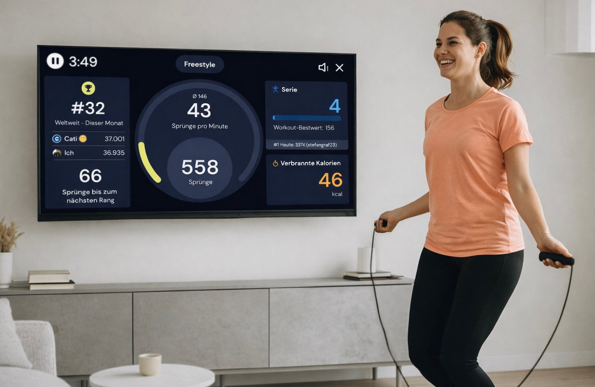 Frau springt Seil im Wohnzimmer vor einem Fitness-Workout auf dem Fernseher